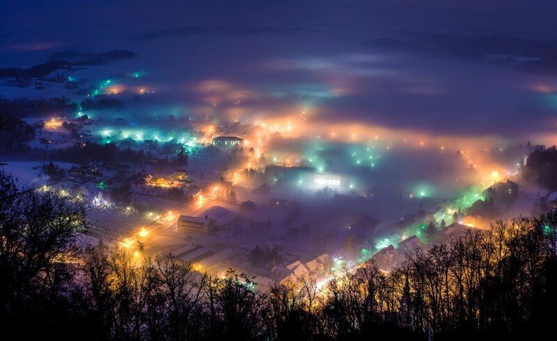 Foggy Village at Night — Purple