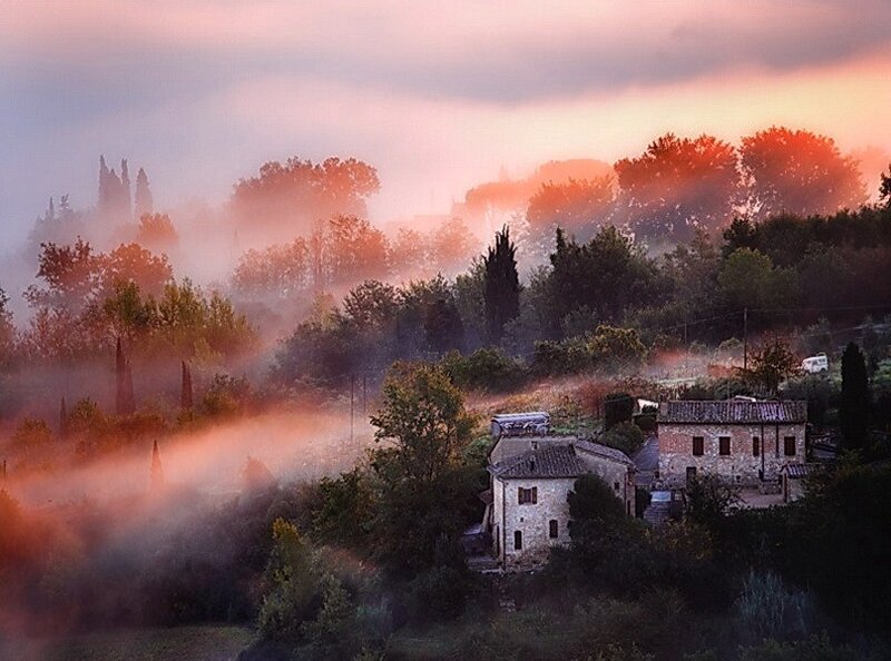 Foggy Village at Sunrise