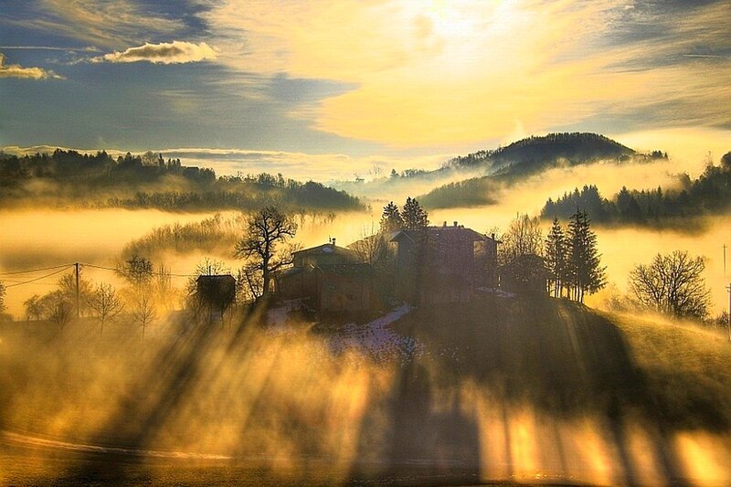 Foggy Village at Sunrise — Yellow