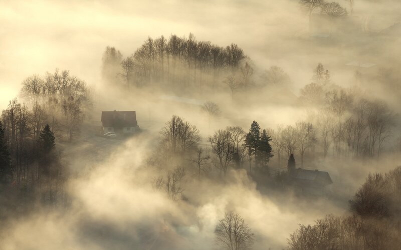 Foggy Village Landscape