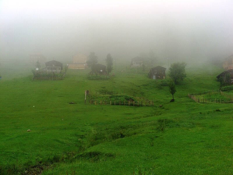 Foggy village on a green hill
