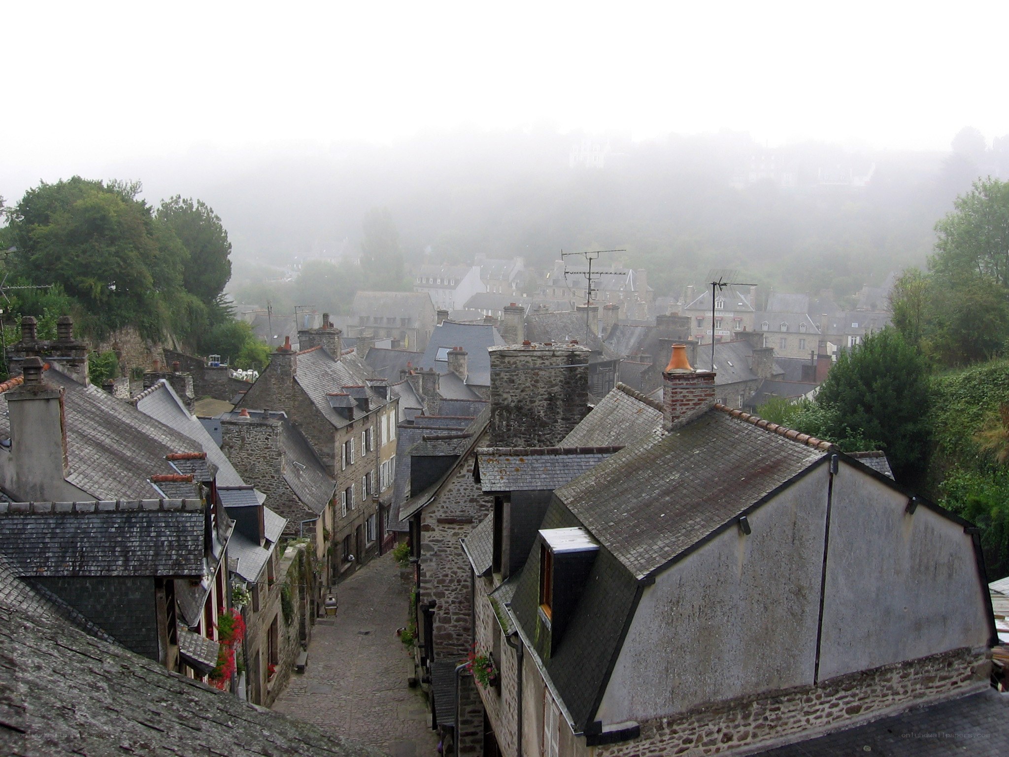 foggy village rooftops