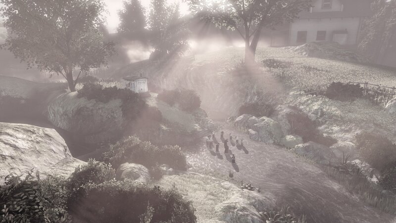 Foggy village scene with figures