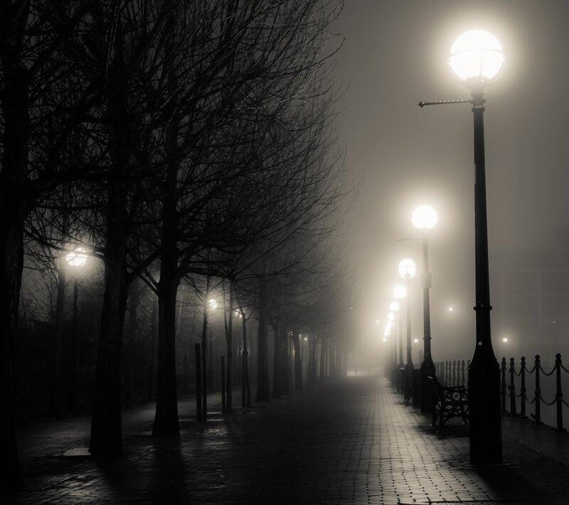 Foggy Walkway at Night