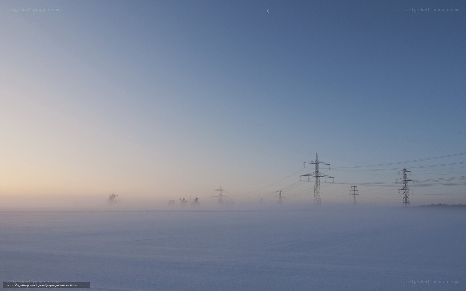 Foggy winter landscape with power lines