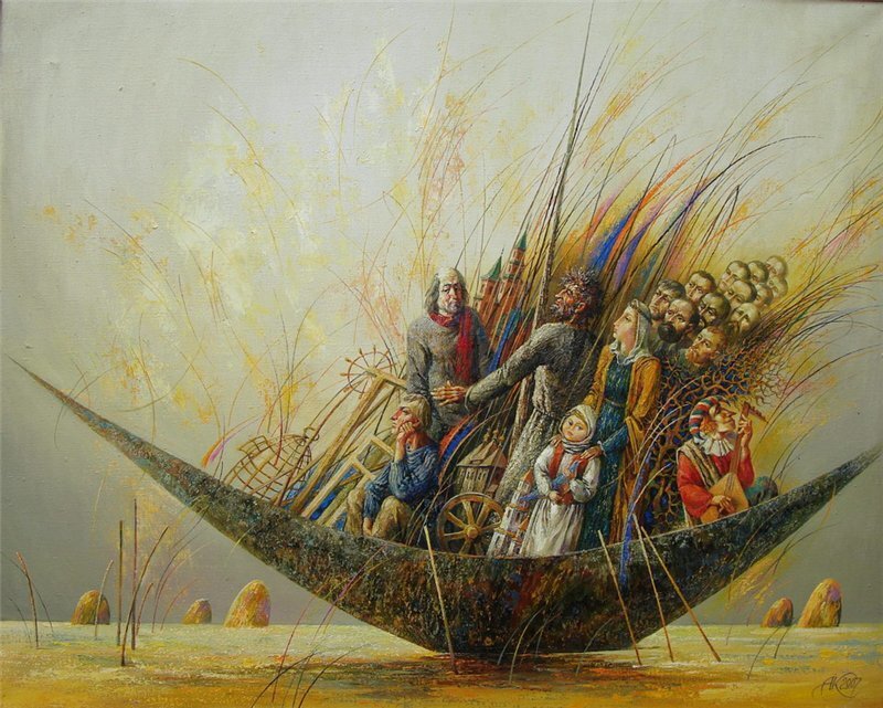 Folk in a boat with wheat