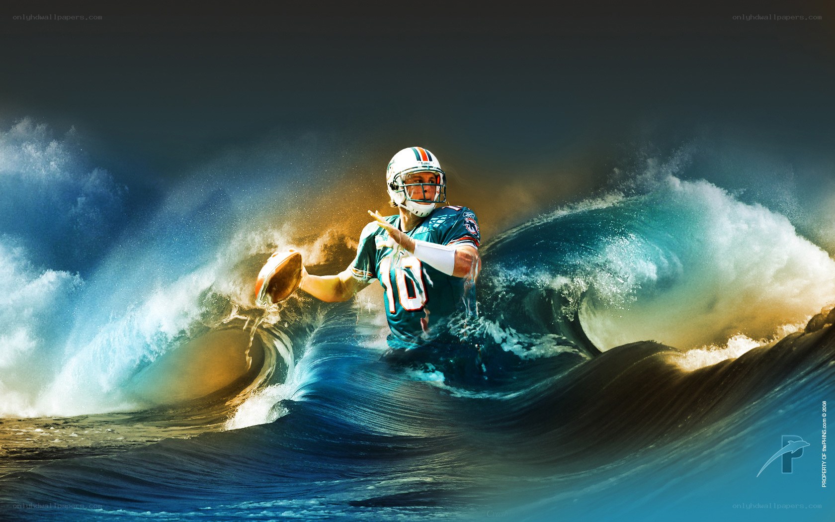 Football player in ocean wave