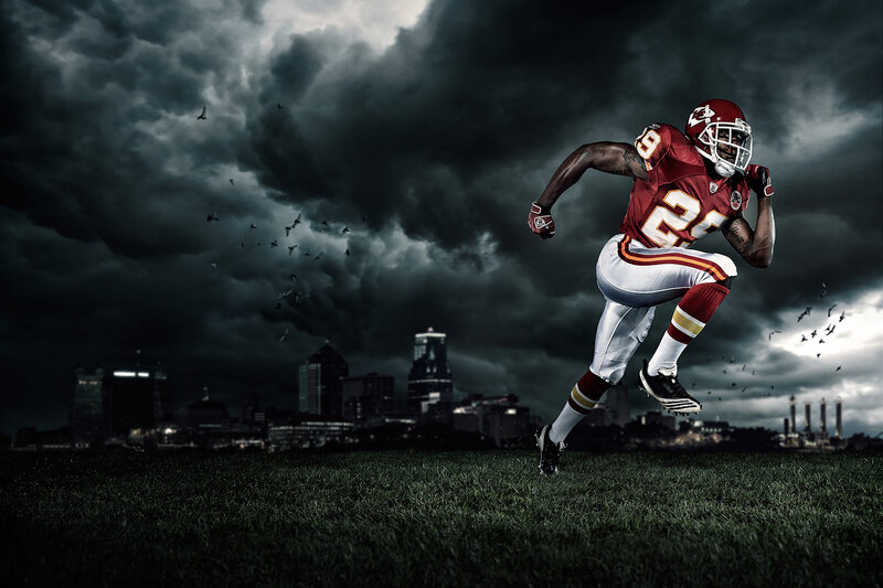 Football Player Running — Red, Dramatic, Night, Photograph