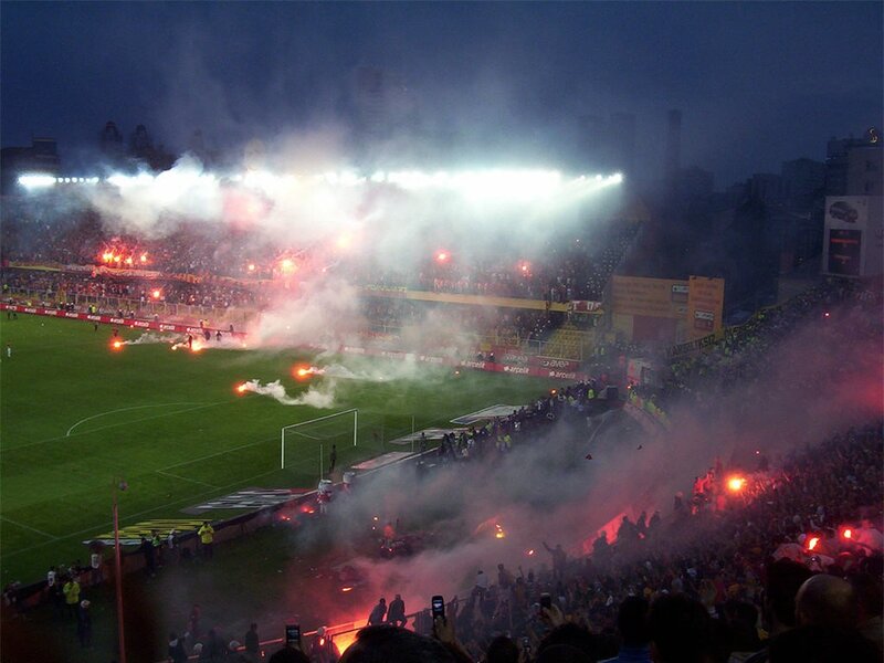 Football stadium with flares