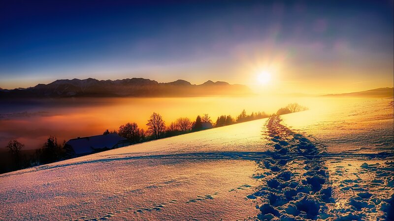 Footprints in Snow — Blue, Serene, Sunrise