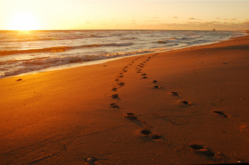 Footprints on a beach at sunset