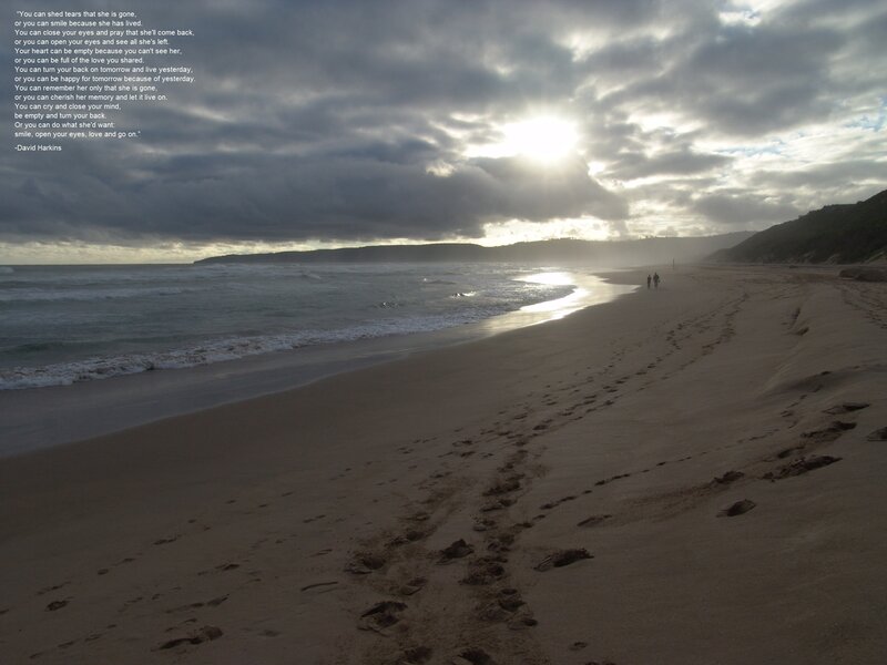 Footprints on a beach at sunset