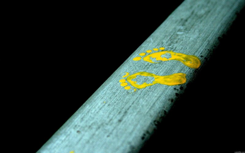 Footprints on a wooden beam
