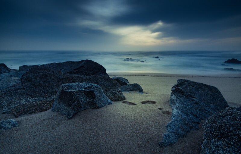 Footprints on Beach — Blue, Dramatic, Night