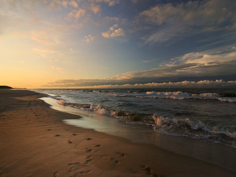 Footprints on Beach — Blue, Serene