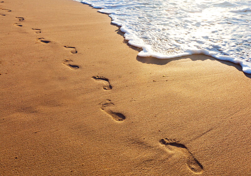 Footprints on Beach — Brown, Serene, Sunset, Photograph, Ocean