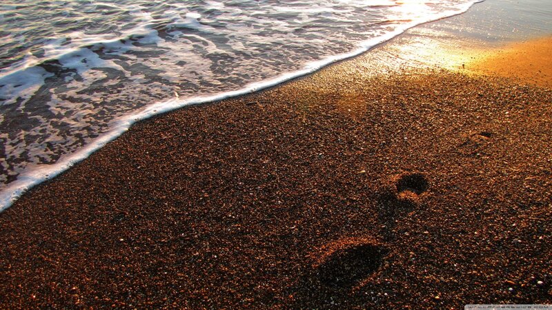 Footprints on Beach — Brown, Serene, Sunset, Photograph, Ocean Waves
