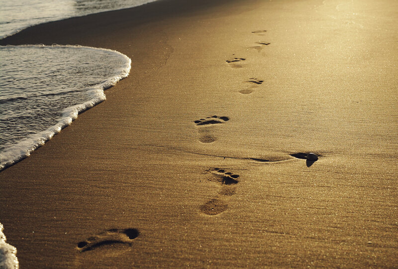 Footprints on Beach — Brown, Serene, Sunset, Photograph
