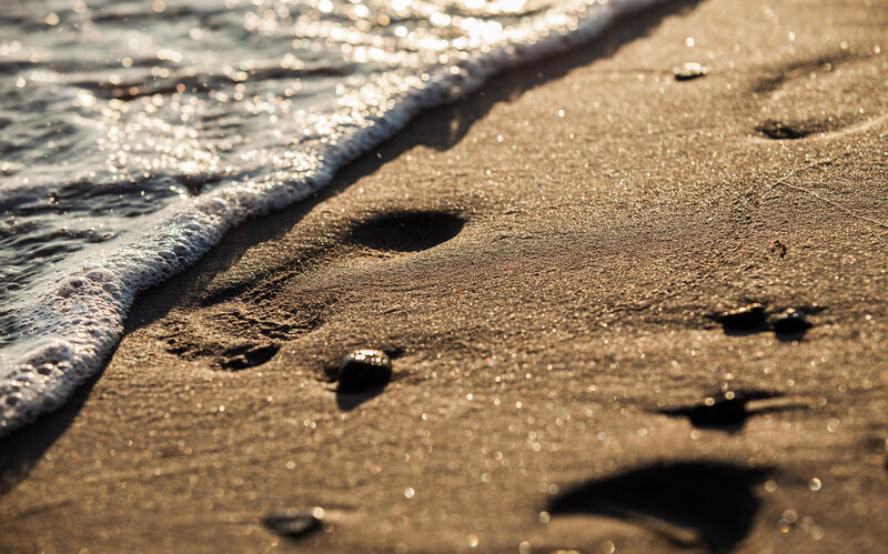 Footprints on Beach — Brown, Serene, Sunset, Photograph, Waves