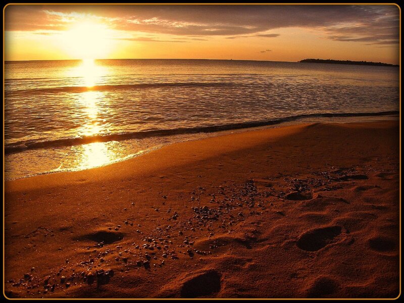 Footprints on Beach — Orange, Serene, Sunset, Photograph, Ocean