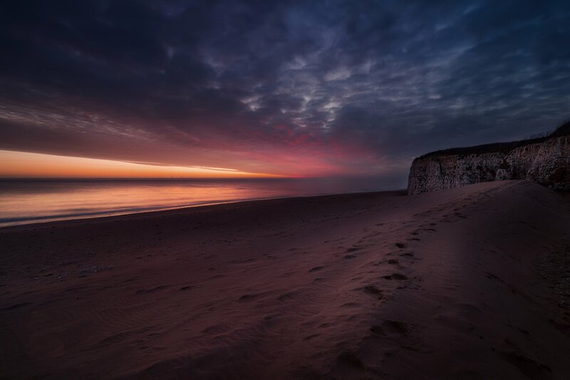Footprints on Beach — Purple, Dramatic, Sunset