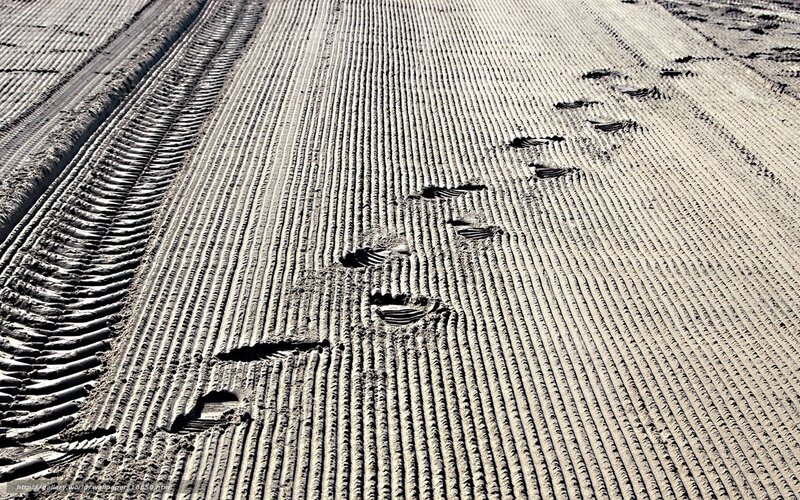 Footprints on groomed snow