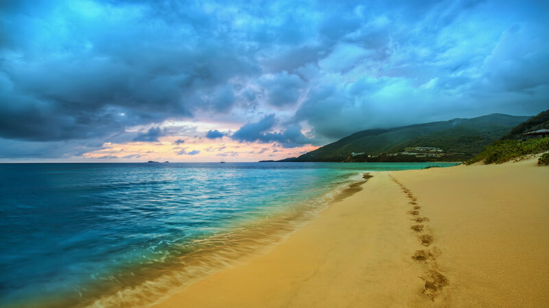 Footprints on Sandy Beach — Blue, Dramatic