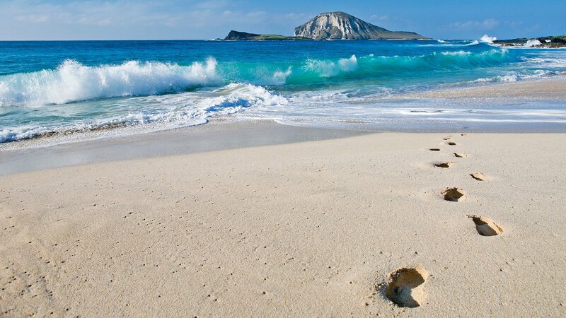 Footprints on Sandy Beach — Blue, Serene, Afternoon, Photograph, Ocean Waves, Island