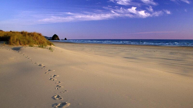 Footprints on Sandy Beach — Blue, Serene, Afternoon, Photograph, Sand Dunes, Ocean