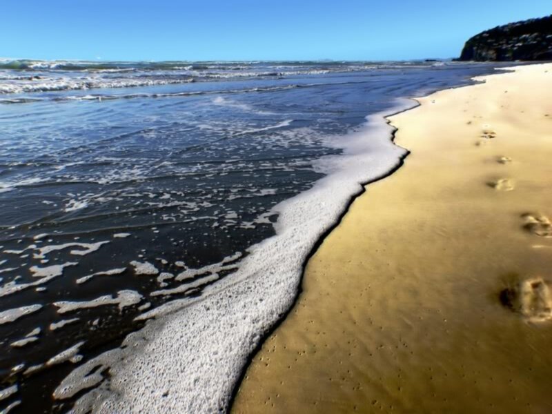 Footprints on Sandy Beach — Blue, Serene, Afternoon