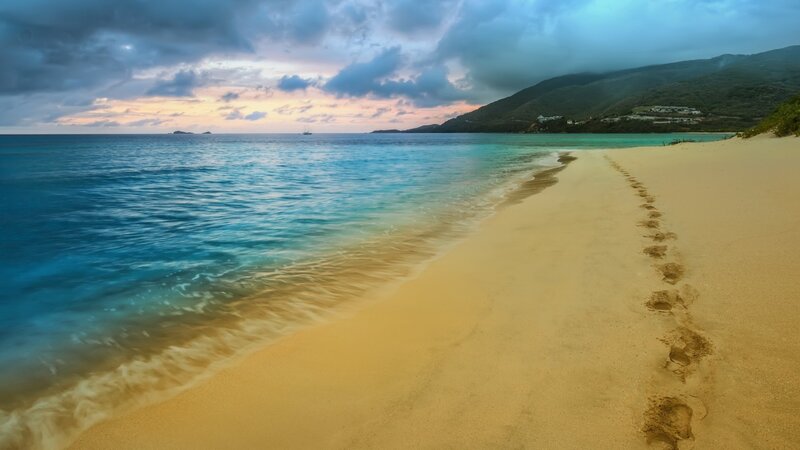Footprints on Sandy Beach — Blue, Serene, Sunset, Photograph