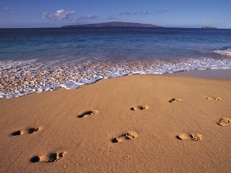 Footprints on Sandy Beach — Brown, Serene, Afternoon, Photograph, Ocean, Island