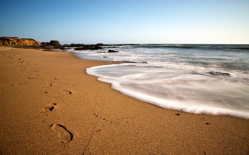 Footprints on Sandy Beach — Brown, Serene, Afternoon, Photograph, Ocean Waves