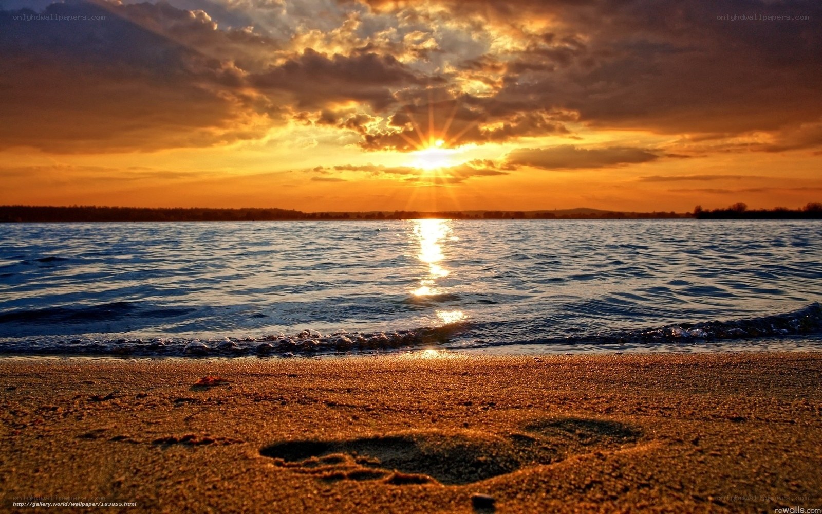 Footprints on the beach at sunset