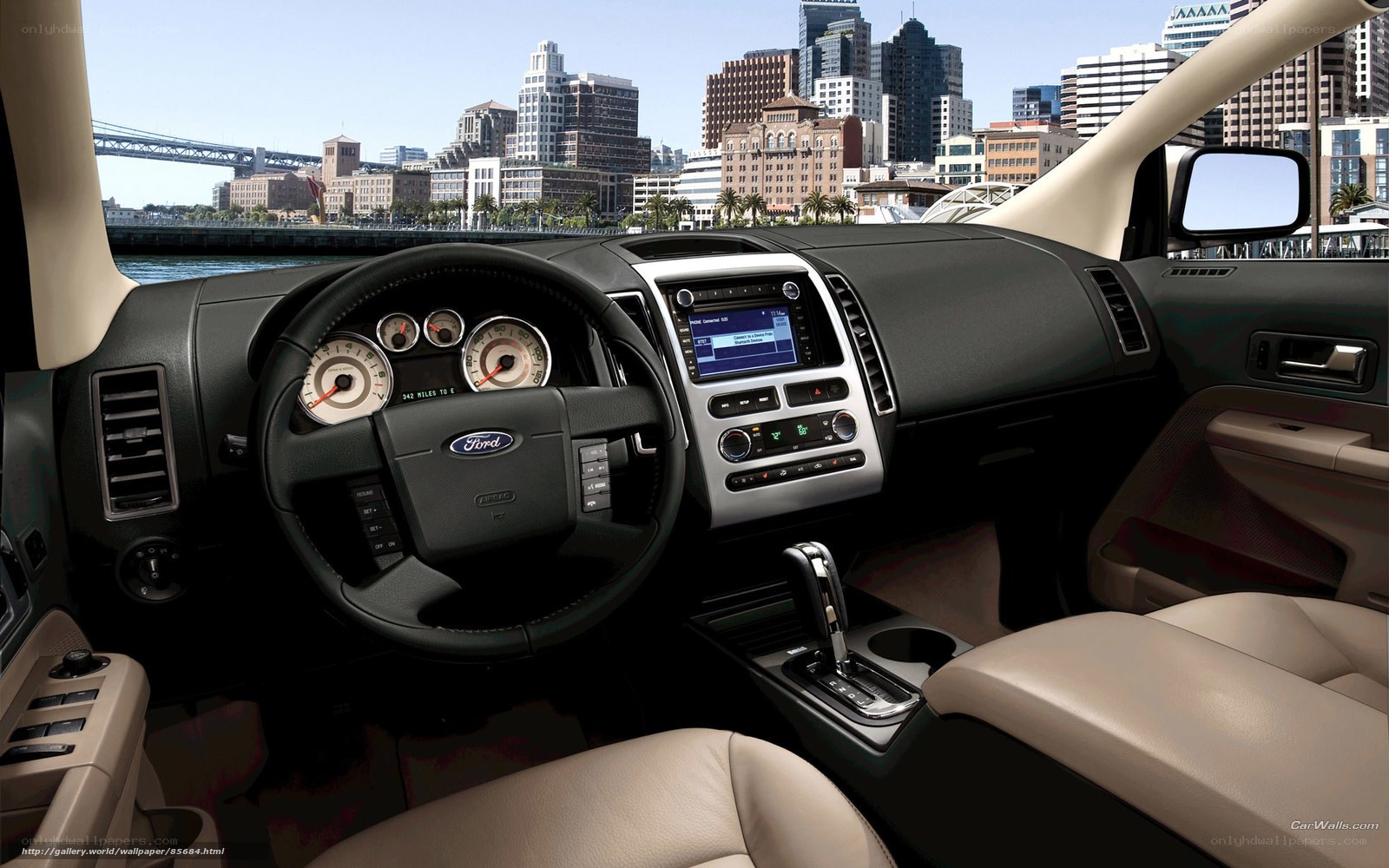 Ford car interior with city view