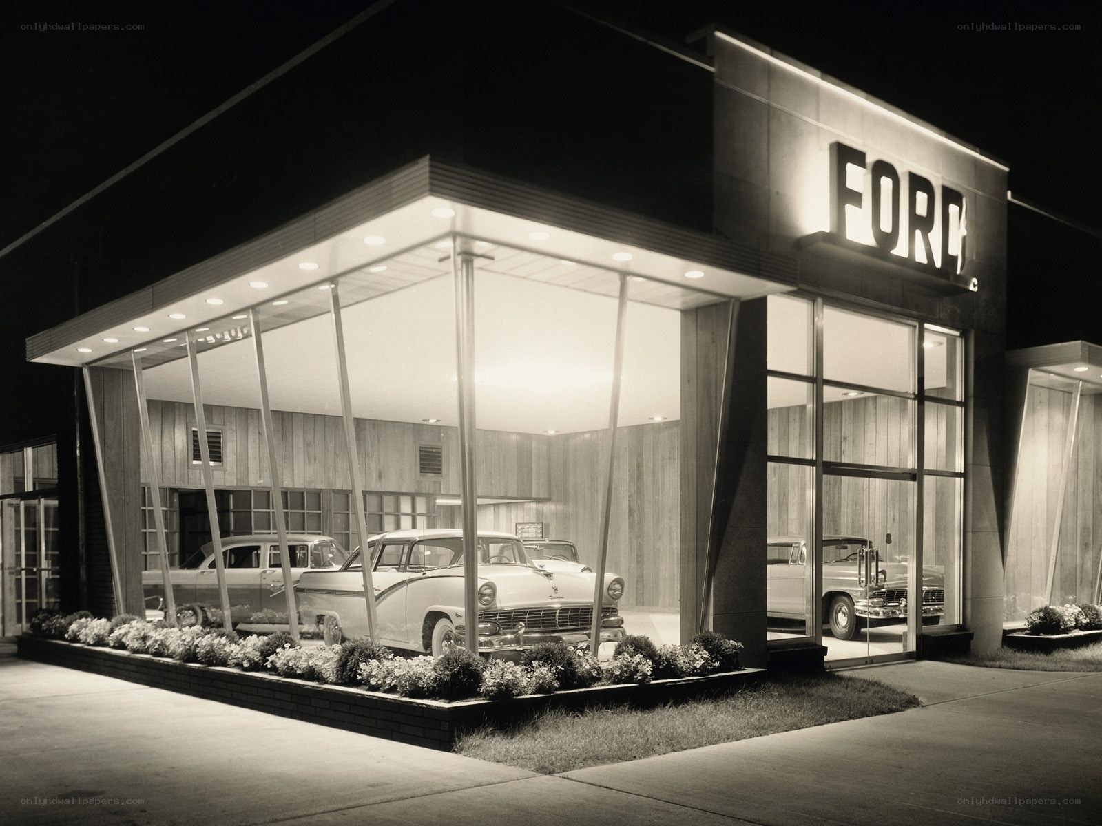 Ford dealership at night