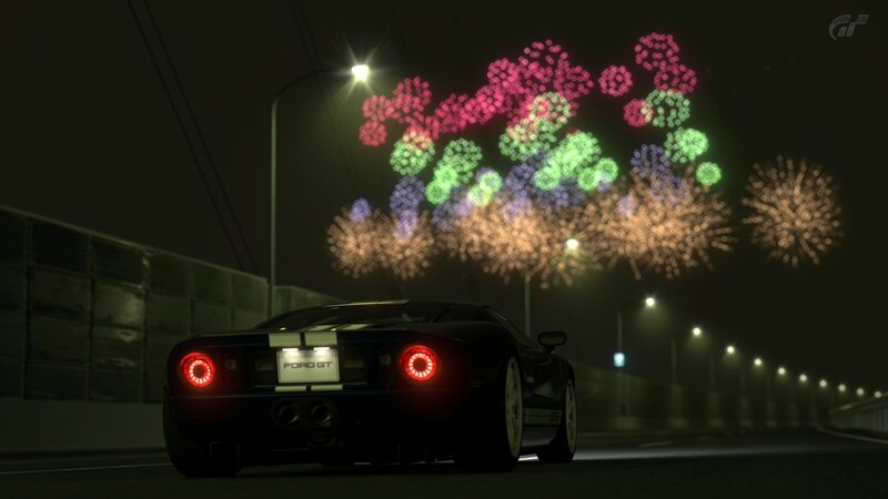 Ford GT at night with fireworks