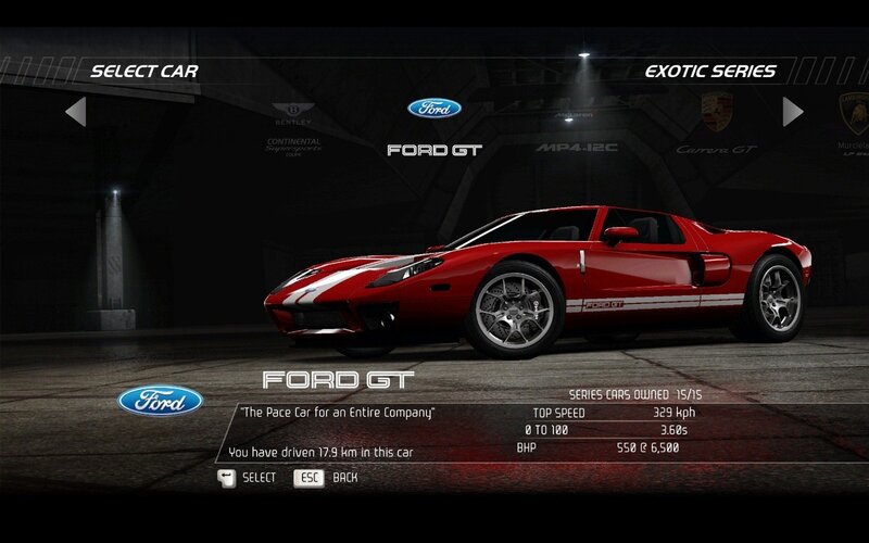 Ford GT car selection screen