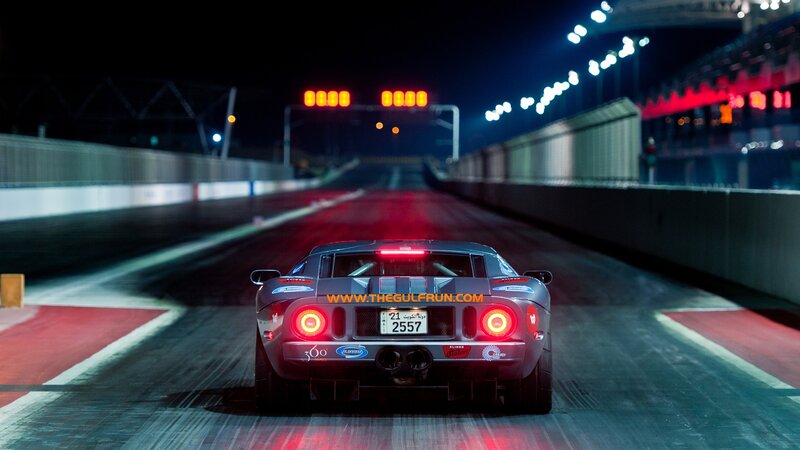 Ford GT on a racetrack at night
