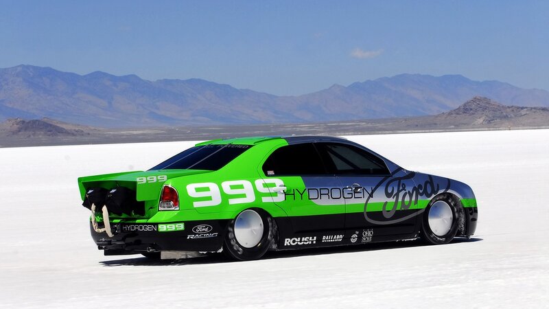 Ford hydrogen race car on salt flat