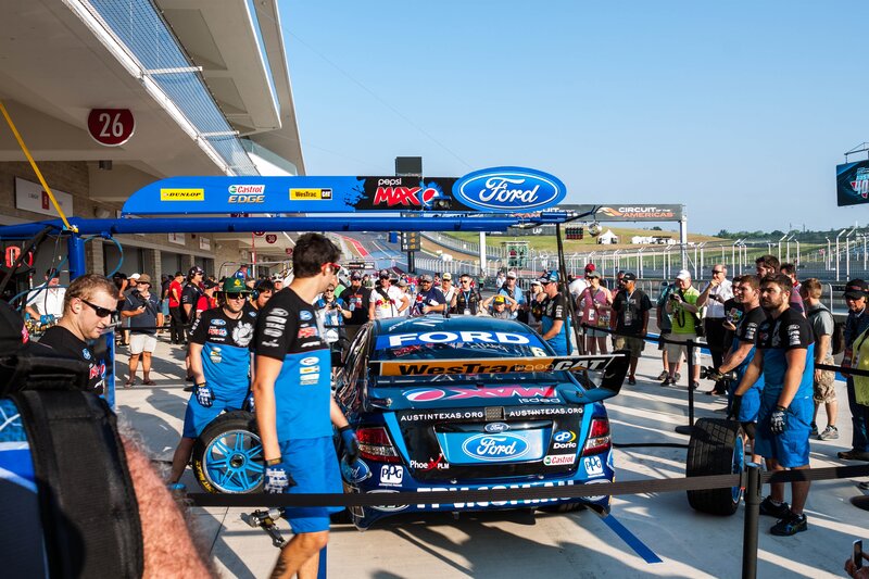 Ford race car in pit lane