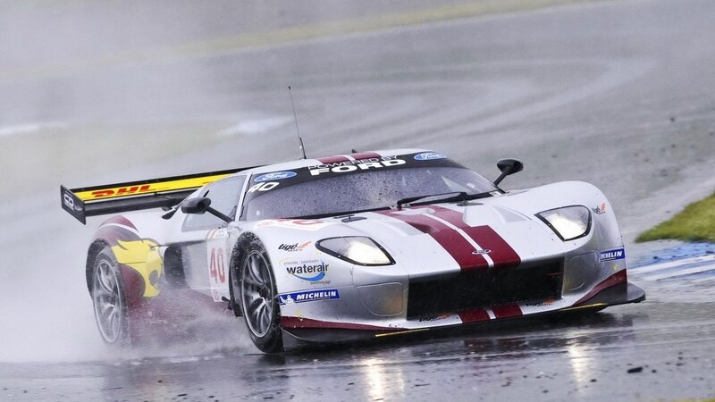 Ford race car on wet track