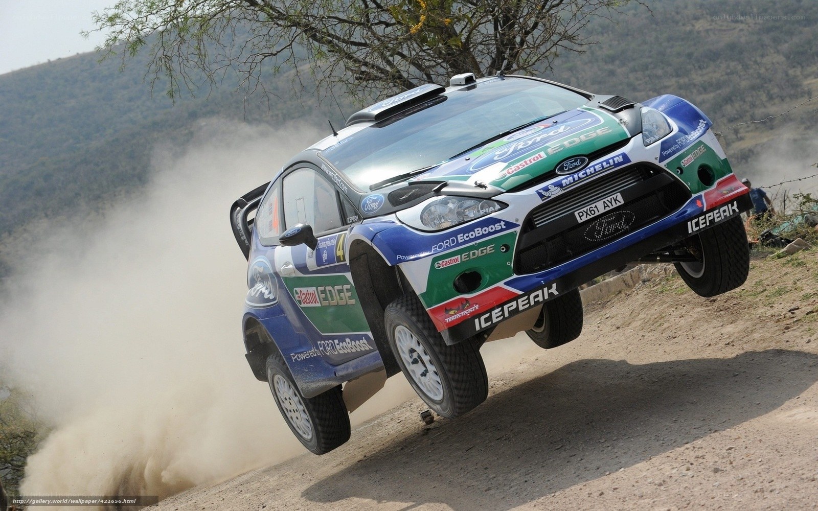 Ford rally car in mid-air jump
