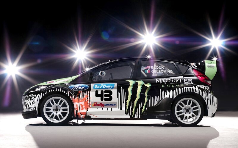 Ford rally car with Monster Energy livery