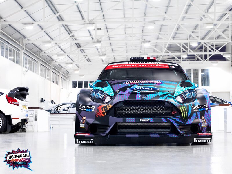 Ford rallycross car in garage