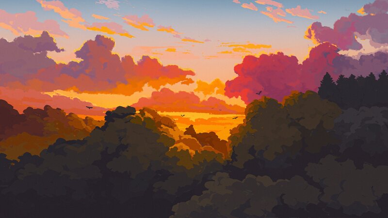 Forest at Sunset — Orange, Serene, Digital Art, Sky