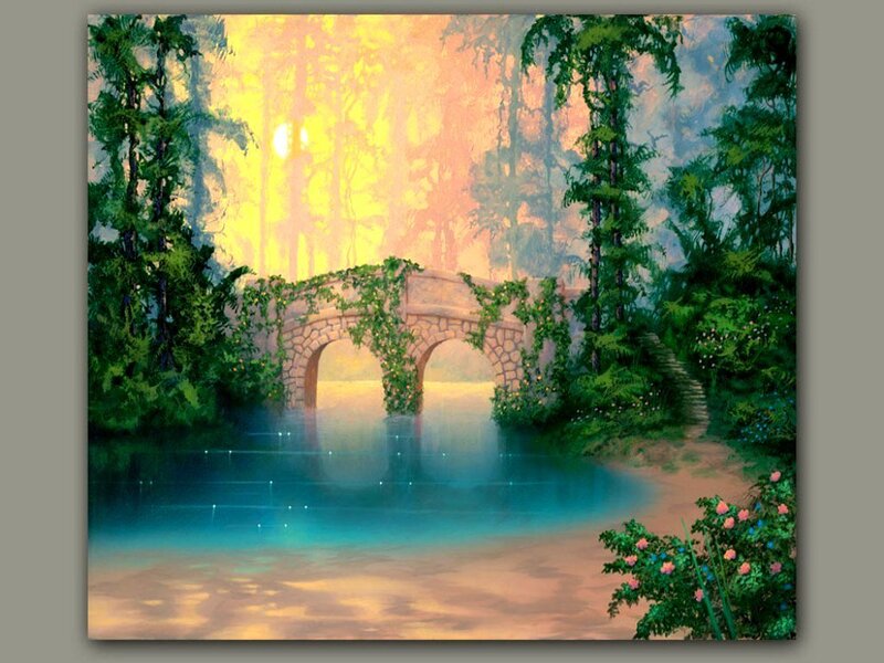 Forest bridge at sunset