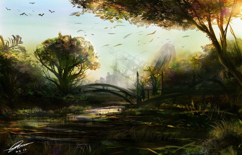 Forest Bridge over Stream — Green