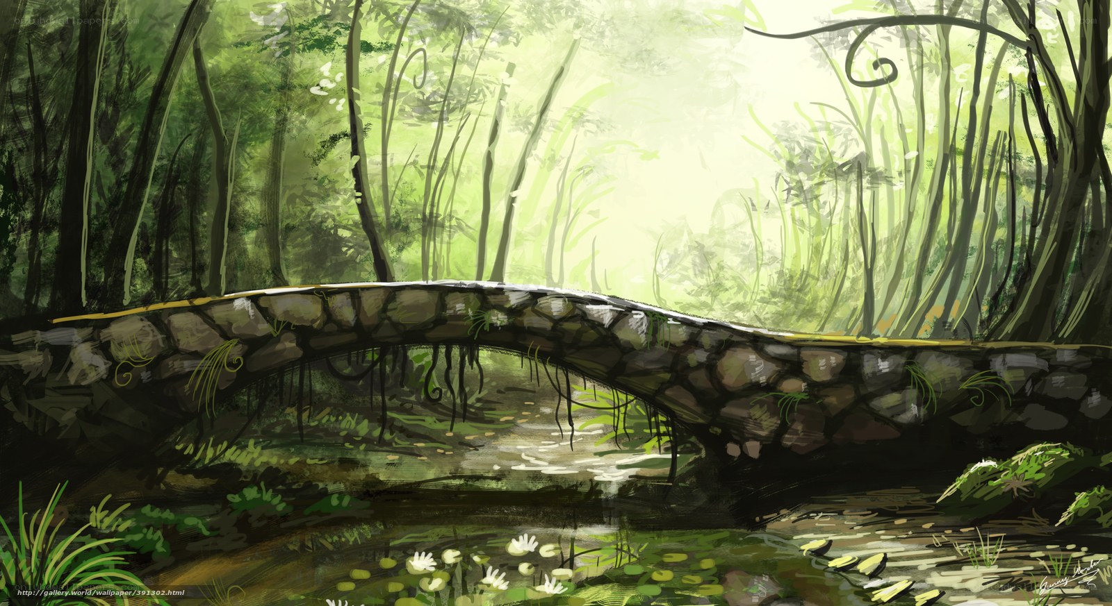 Forest bridge with lily pads