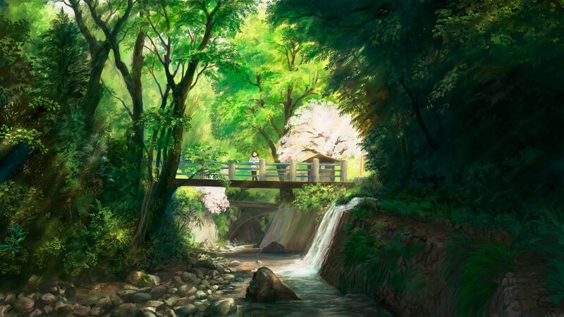 Forest bridge with waterfall